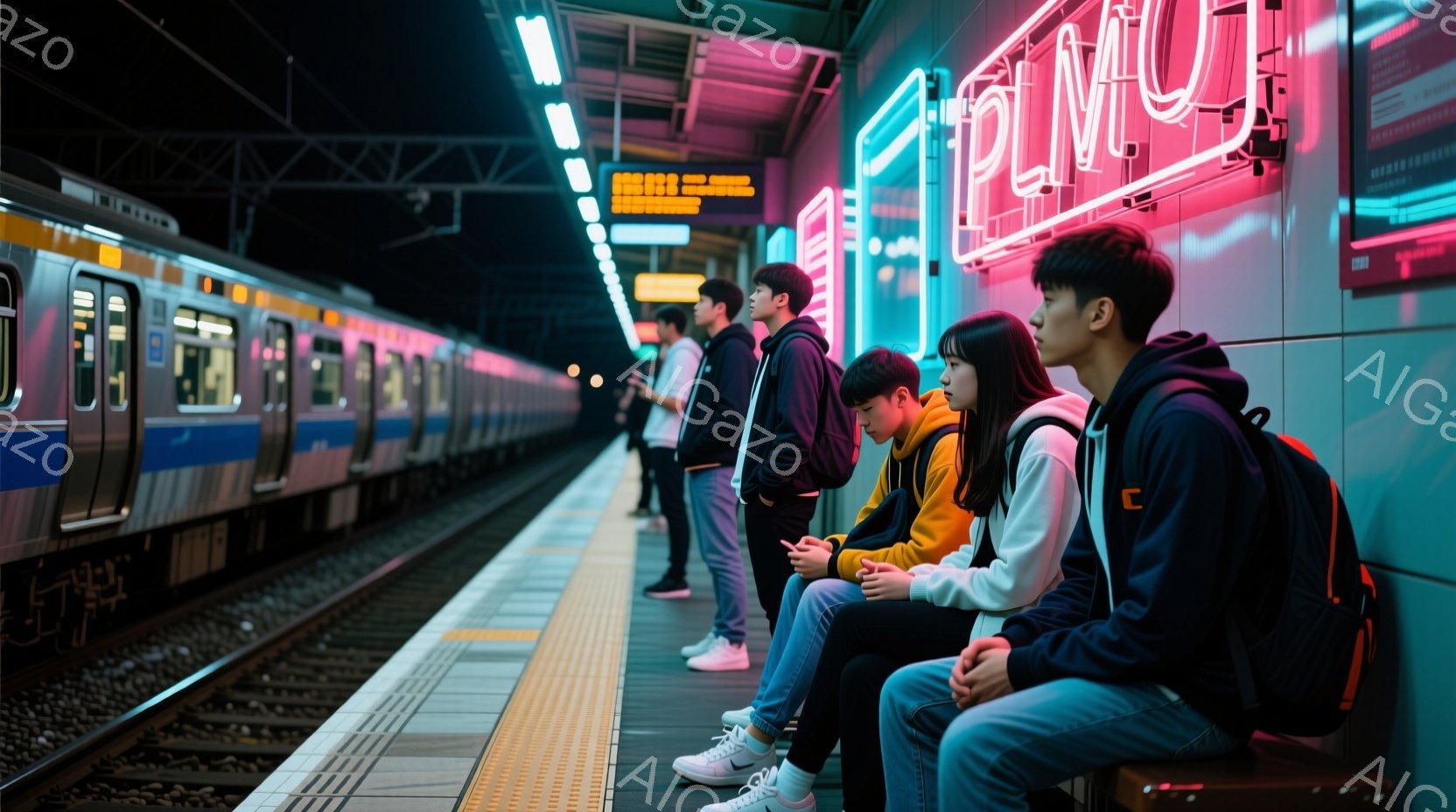 プラットフォームに数人の若者が立っているか、または腰掛けている様子が写っています。彼らは皆カジュアルな服装で、デニムやパーカーを着ています。背景には線路と電車が見え、プラットフォームの上にはネオンライ - AI生成フリー素材