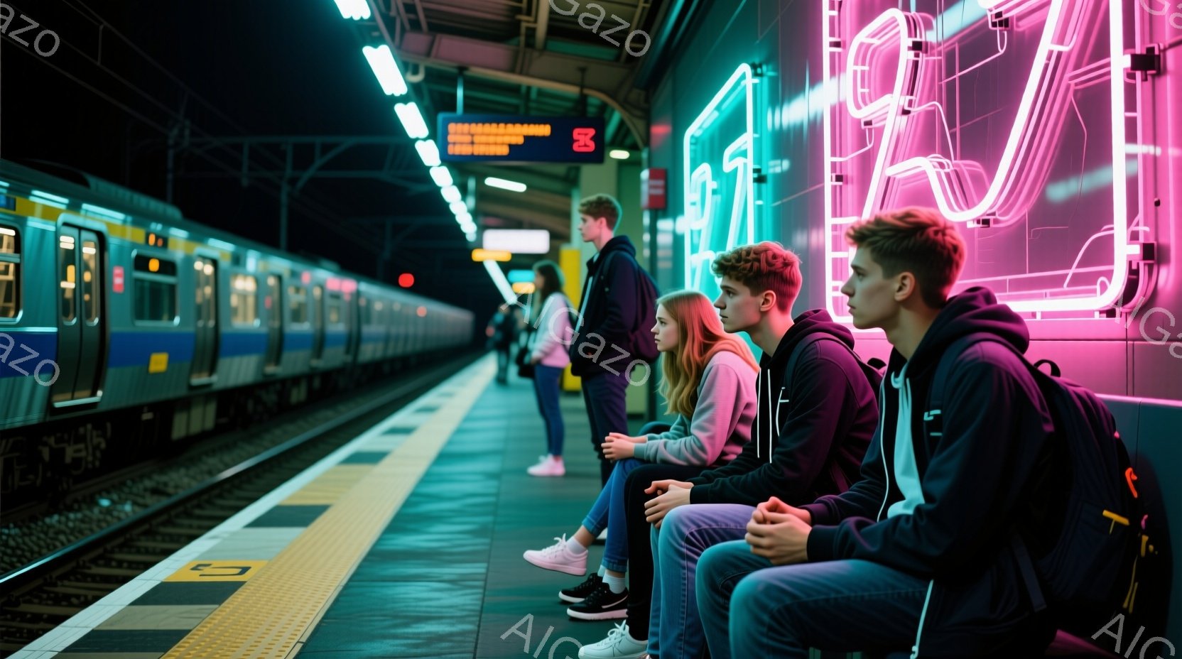 プラットフォームに数人の若者が立っているまたは座っている様子が写っています。彼らはカジュアルな服装で、ジーンズ、スニーカー、パーカーなどを着ています。背景には電車とネオンカラーの光が入り組んだ装飾があり、現代的で少し未来的な雰囲気を醸し出しています。