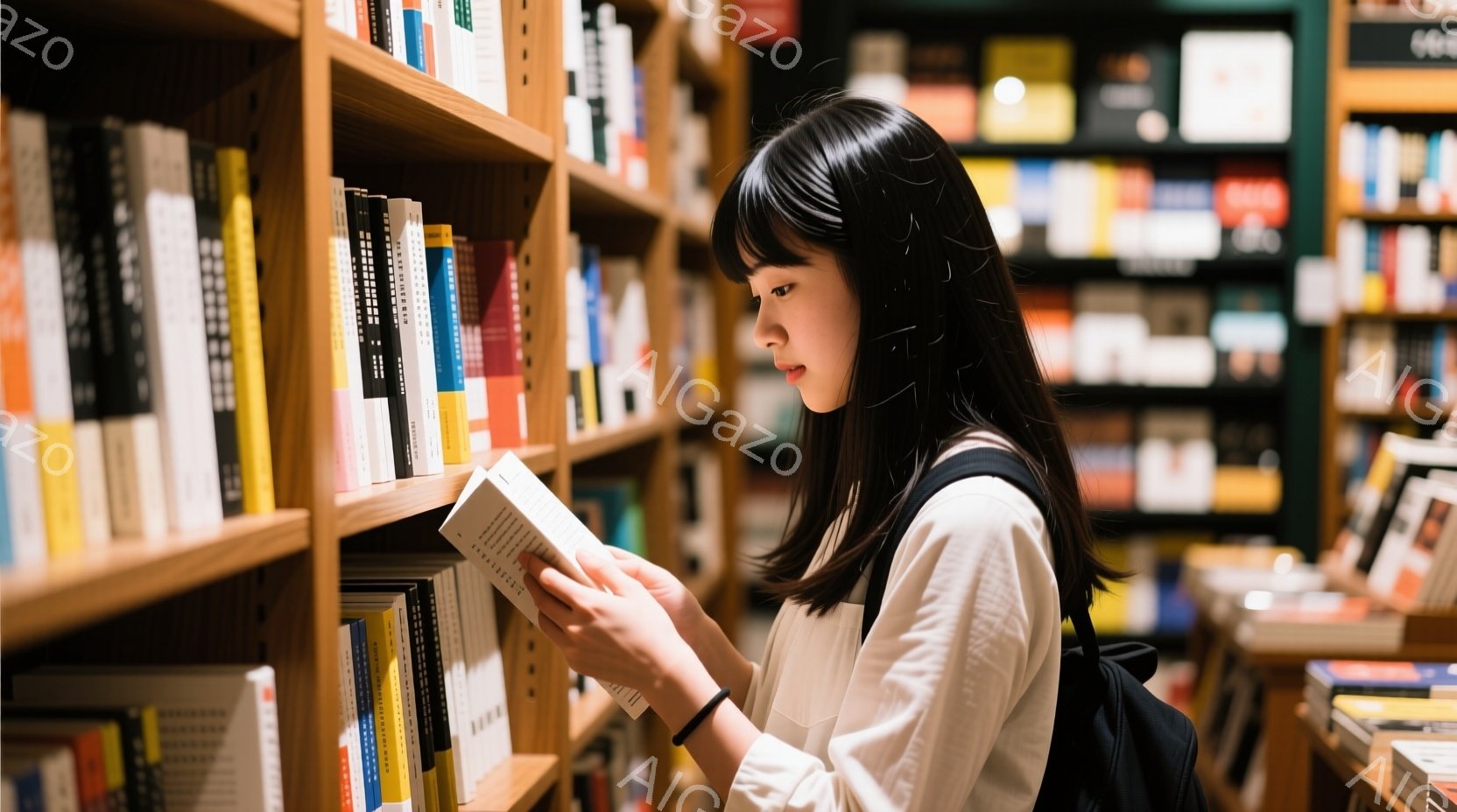 茶髪の女性が書店の棚の前で本を手に持っています。白いシャツに黒いリュックサックを背負い、前髪を下ろした髪型で、集中して本のページを読んでいます。背景には、さまざまな色の本が並んだ本棚が密集しており、温かく落ち着いた雰囲気です。