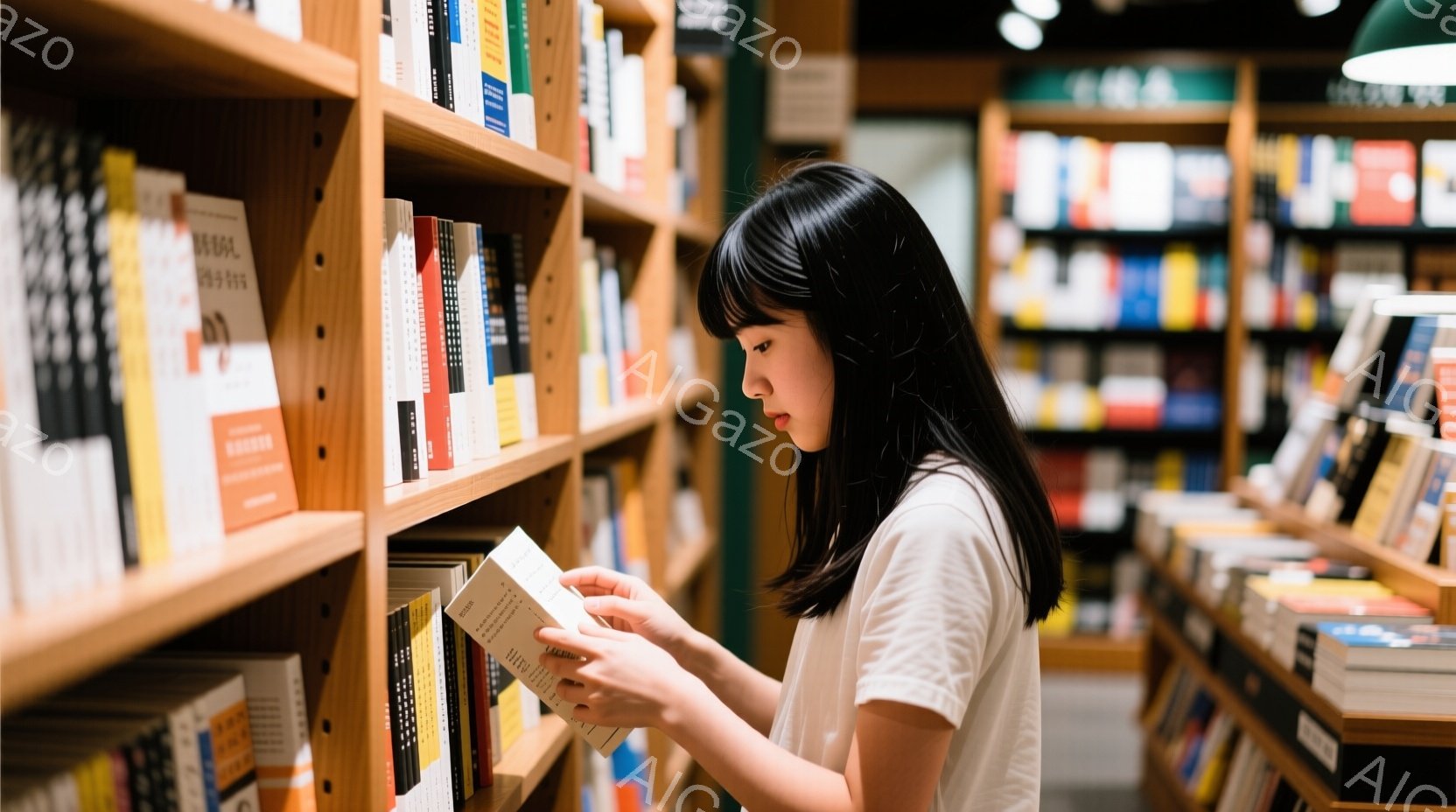 黒髪の女性が本棚の前で本を手に取って読んでいます。白いTシャツを着ており、横向きの姿勢で、集中した表情をしています。本棚はカラフルな本で埋め尽くされており、明るく落ち着いた雰囲気の書店内であると考えられます。