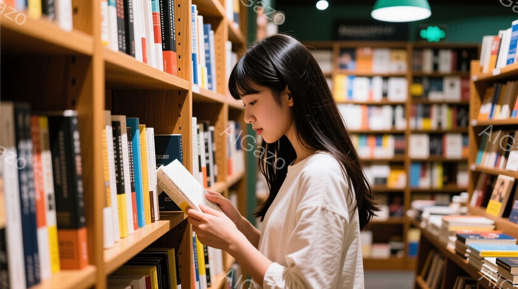若い女性が書店の本棚の前で本を手に取って読んでいる様子が写っています。彼女は白いシャツを着ており、黒髪を肩まで伸ばしたヘアスタイルで、少しうつむき加減で本に集中した表情をしています。背景には、様々な色 - AI生成フリー素材