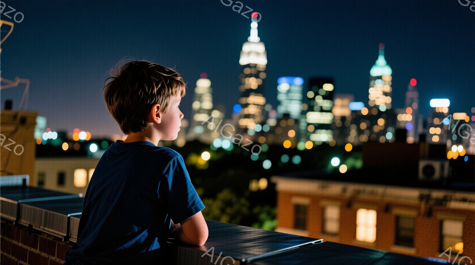 少年は青いTシャツを着て、暗い屋上から夜景を見つめている。彼の髪は茶色で少し無造作に整えられており、後ろ姿からは物思いにふけるような雰囲気を感じられる。背景には高層ビル群が広がり、ニューヨークの夜の街 - AI生成フリー素材