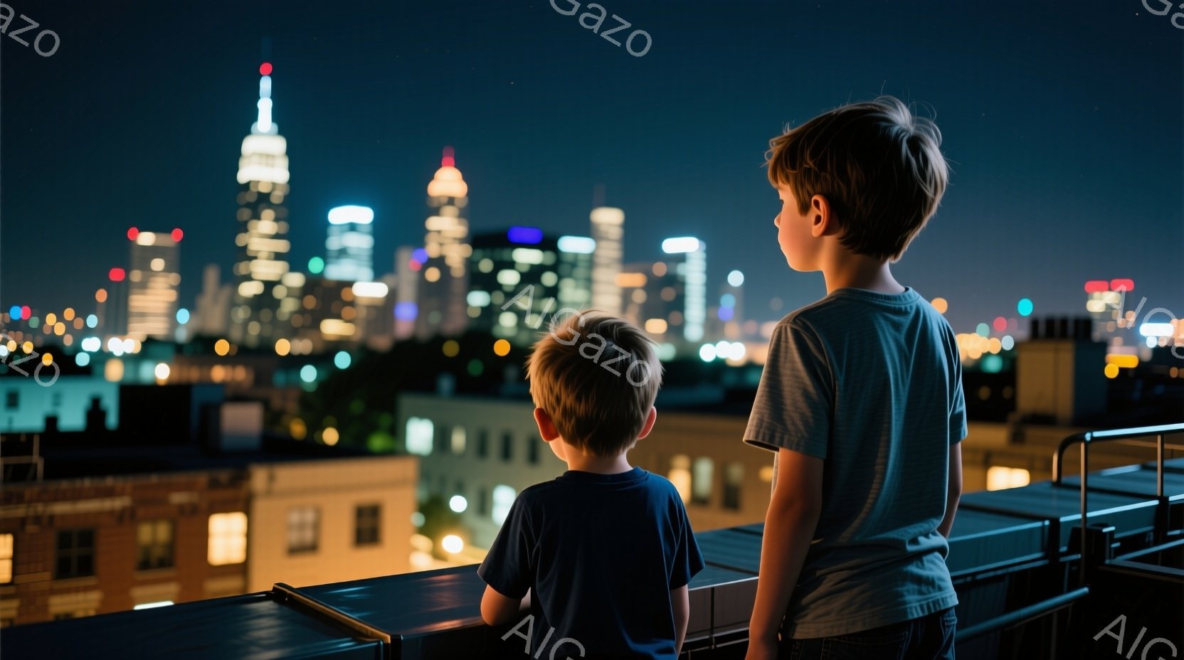 二人の少年が夜景を見下ろしている写真です。少年たちはそれぞれ紺色と灰色のTシャツを着ており、後ろ姿からは髪型が少し乱れていることがわかります。背景にはニューヨークの夜景が広がり、高層ビル群が光り輝いています。