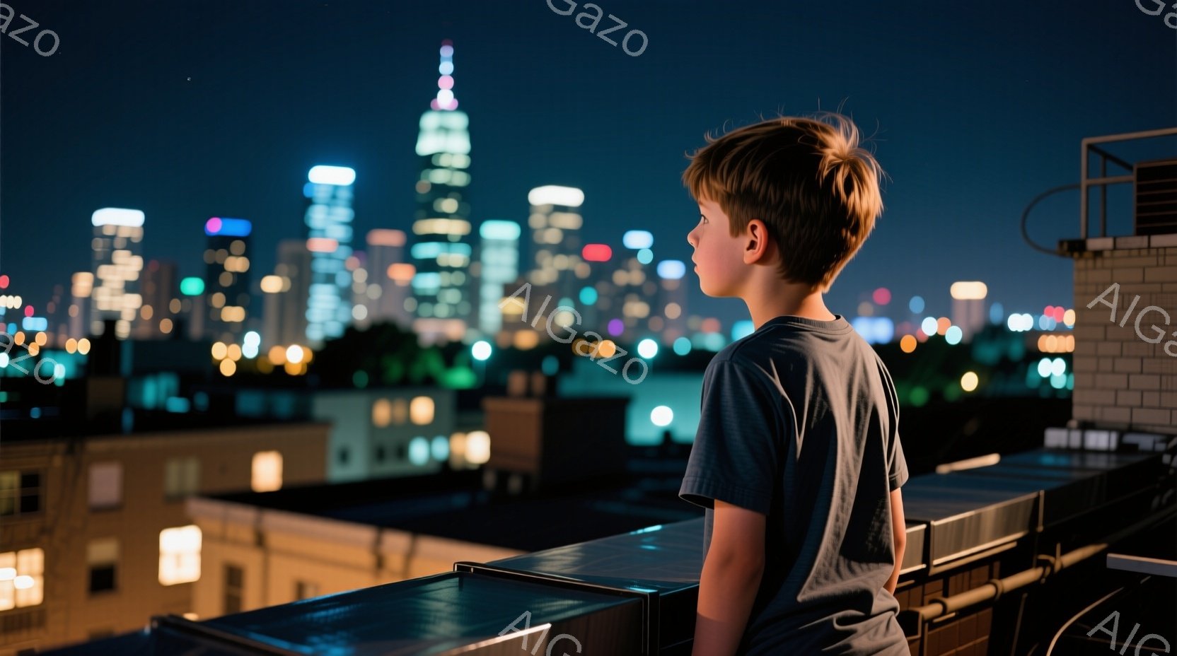 若い少年が、夜の街並みを背景に屋上から見下ろしている。彼はグレーのTシャツを着ており、髪は少し無造作にセットされている。背景には高層ビル群が煌々と輝き、夜空が暗く広がっている。