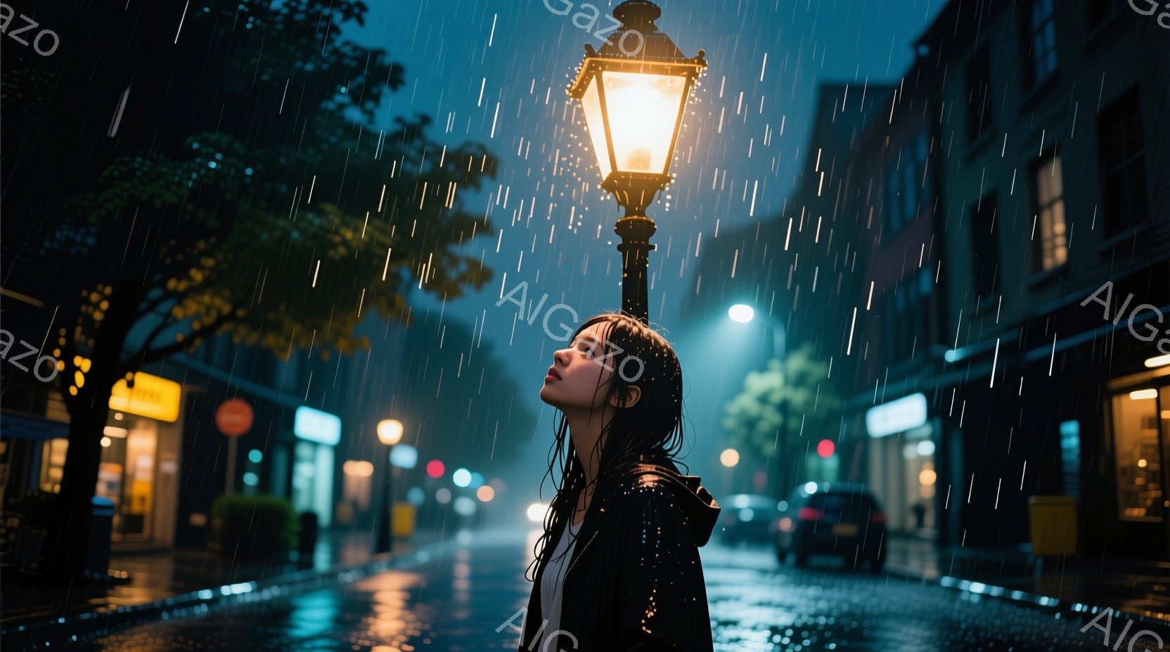 雨の夜、若い女性が街灯の下に立っている。彼女は黒いジャケットを着ており、髪は濡れて肩にかかっている。憂鬱そうな表情で空を見上げ、雨に打たれている様子が、寂しげな雰囲気を醸し出している。