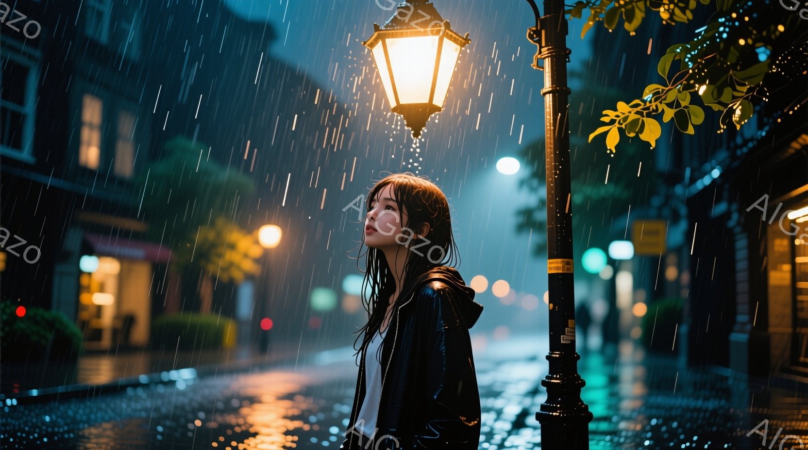 雨が降りしきる夜の街並みを、濡れた髪の女性が立っている。黒いジャケットと白いシャツを着ており、憂いを帯びた表情でどこか遠くを見つめている。背景には、光を反射する濡れた道路と、ぼんやりと見える建物、そし - AI生成フリー素材