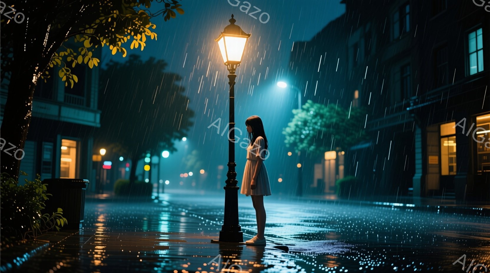 濡れた石畳の通りに立つ若い女性が描かれています。白いワンピースを着ており、長い黒髪が肩にかかっています。雨が降りしきり、路面は水溜まりで覆われ、街灯の光が反射して幻想的な雰囲気を醸し出しています。