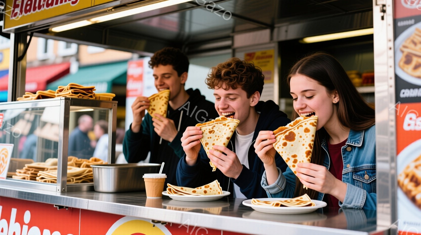 三人の若者が、屋台でクレープのようなものを楽しんでいます。彼らは皆笑顔で、クレープを片手に持ち、美味しそうに食べています。背景には屋台のカウンターと、様々な種類のクレープが並んでいます。