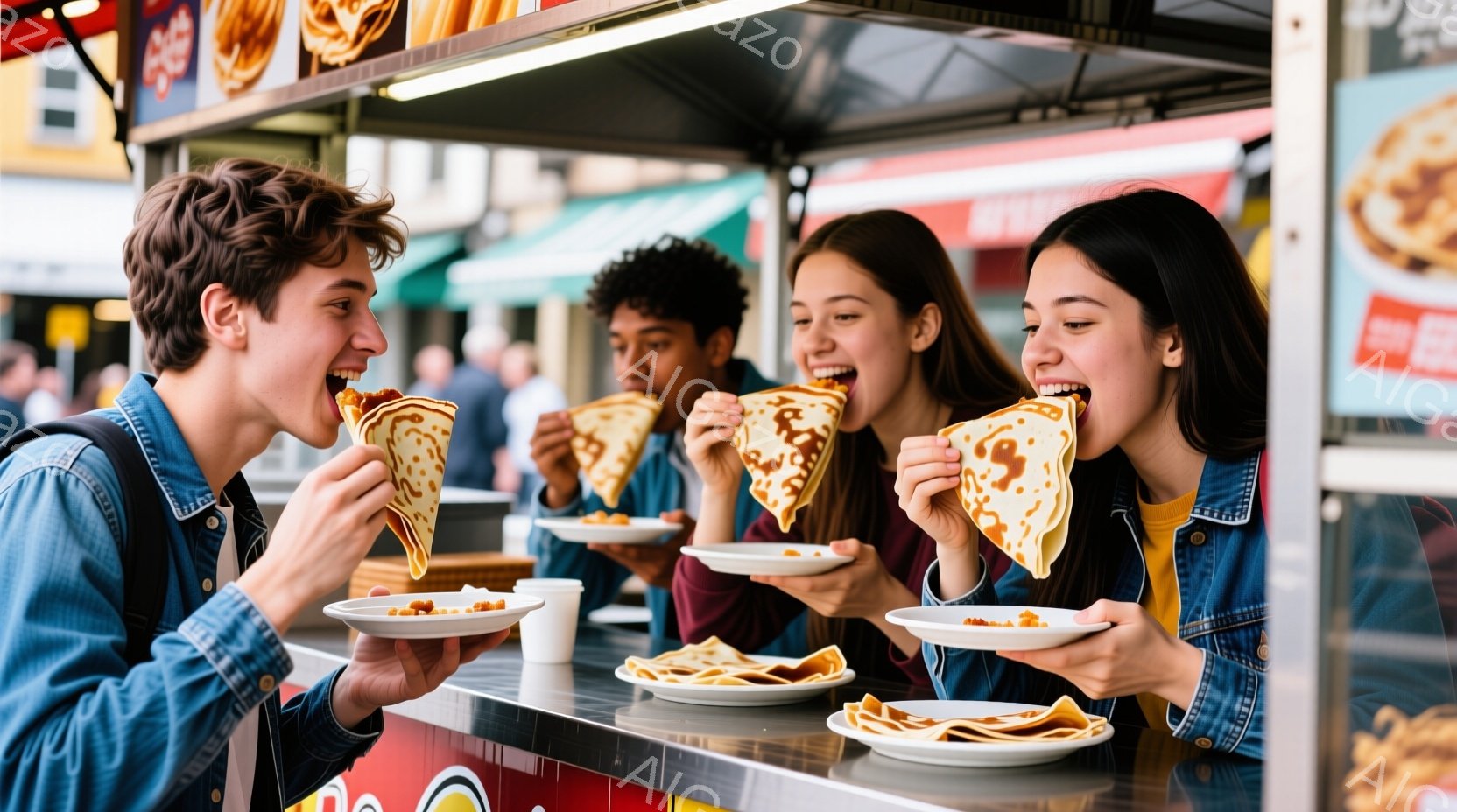 若者たちがクレープを美味しそうに食べている様子が写っている。彼らは皆、デニムジャケットを着ており、カジュアルな服装で、笑顔でクレープに夢中になっている。背景には屋台があり、明るい日差しが差し込み、活気のある雰囲気である。