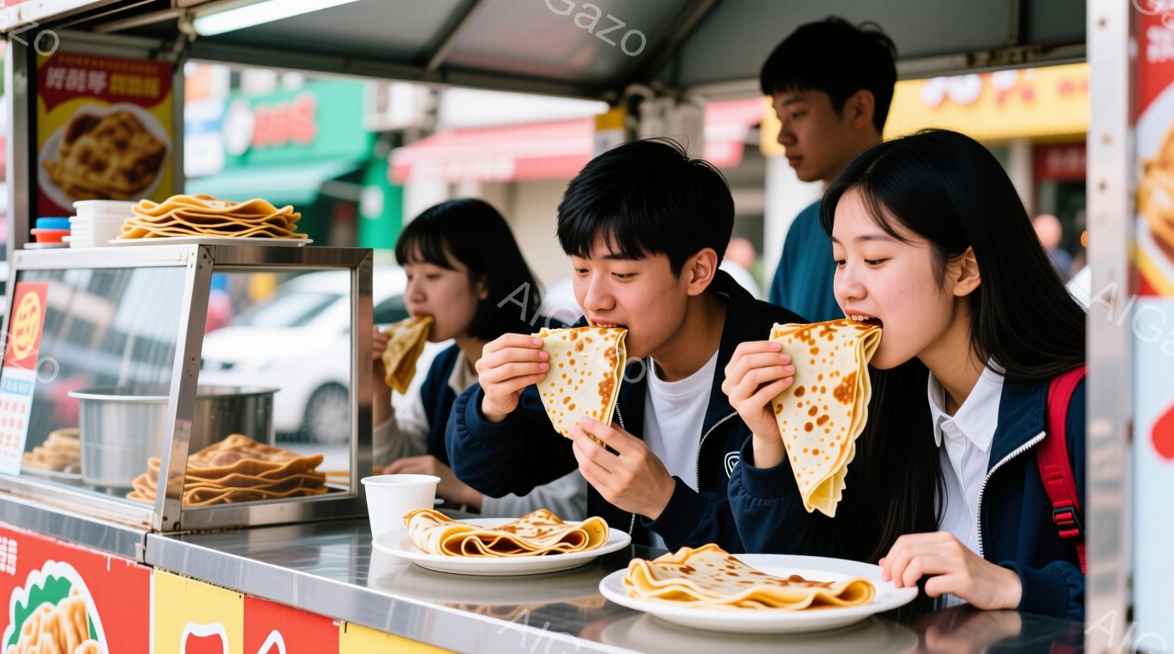 若い男女が屋台でクレープを食べている様子が写っている。彼らは白い制服のような服装で、髪は黒く、皆笑顔でクレープを楽しんでいる。背景には他の通行人や建物が見え、晴れた日の賑やかな屋台の雰囲気が伝わる。 - AI生成フリー素材