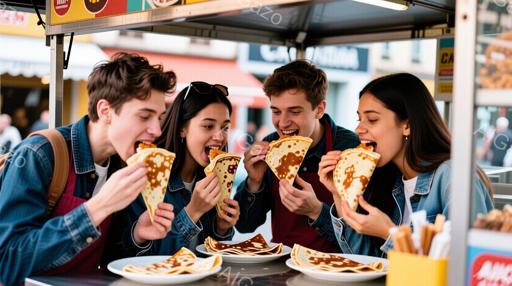 若い男女がクレープを美味しそうに食べている写真です。男性はデニムジャケットを着ており、女性は白いトップスとジーンズを着ています。背景にはクレープを作るための機械や、その他の食品が置かれており、活気のある屋台の雰囲気が伝わってきます。