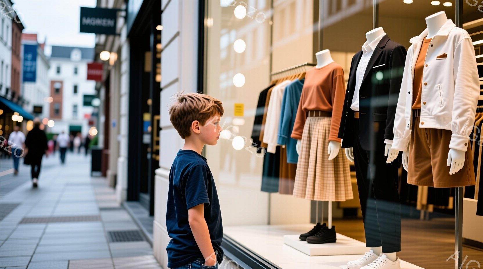 小さな少年がショーウィンドウを覗き込んでいます。紺色のTシャツとジーンズを着用し、短く刈り込んだ髪型で、興味深そうに展示されている服を見つめています。背景には石畳の歩道、近代的な建物、そして歩行者がぼんやりと見え、晴れた日の穏やかな街の雰囲気が漂っています。