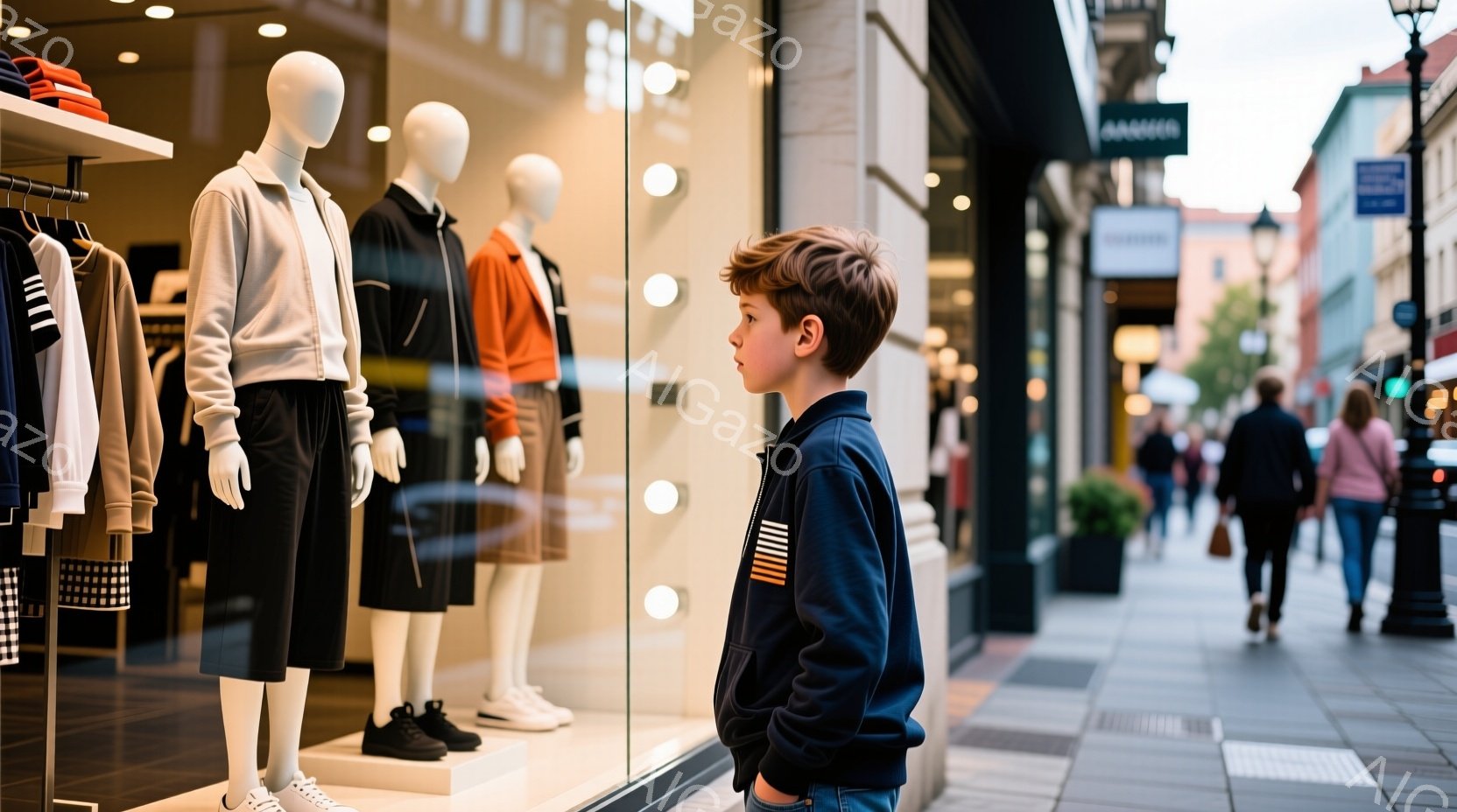 見本人形が並んだショーウィンドウの前に、少年が立っている。少年はデニムのズボンと青いジャケットを着ており、片手をポケットに入れている。背景には、人々が歩く歩道と建物が見え、晴天の昼下がりの穏やかな雰囲気が漂っている。