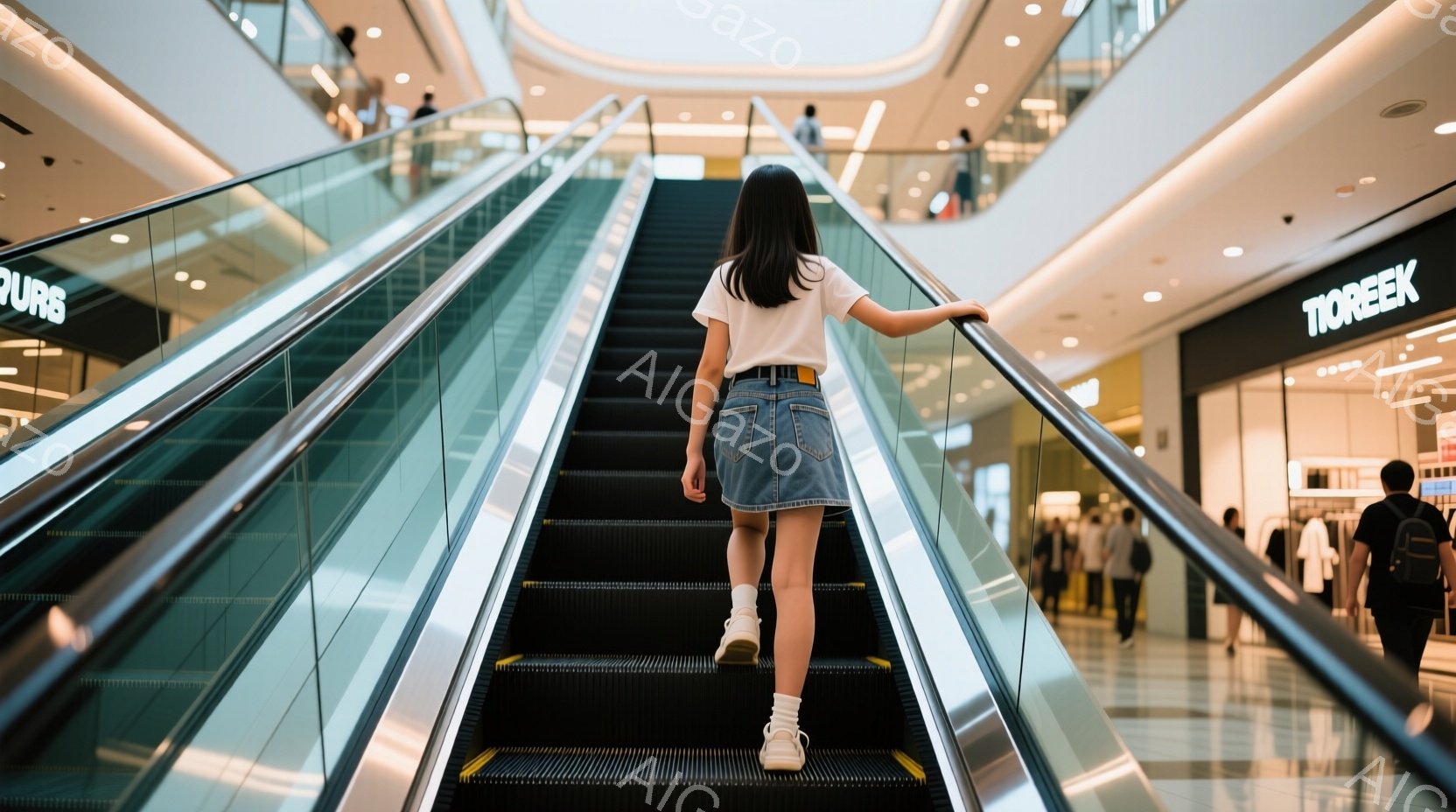 エスカレーターを上る女性の背中が写っている。白いTシャツにデニムのミニスカート、白いソックスとスニーカーを履き、カジュアルな装いをしている。背景にはショッピングモールの内観が見え、他の買い物客や店がぼやけている。