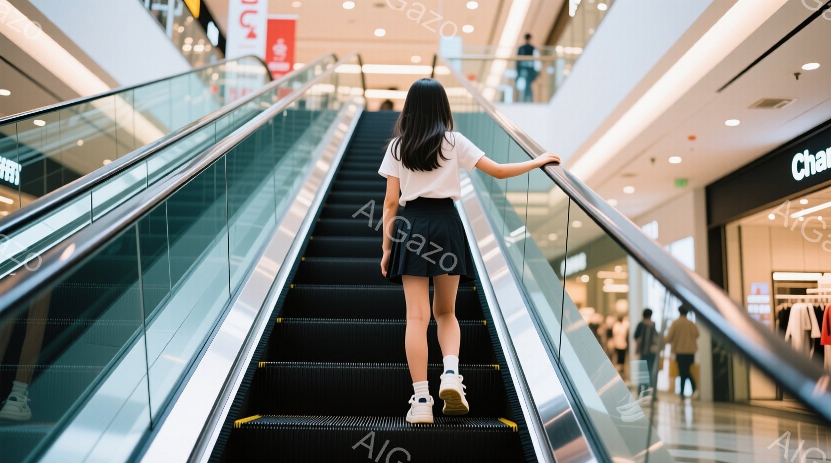 白いTシャツに黒のプリーツスカートを履いた女性が、ショッピングモールのエスカレーターを上っている後ろ姿が捉えられている。白いソックスとスニーカーを合わせ、カジュアルな装いである。背景には他の買い物客や店舗が見え、明るく賑やかなショッピングモールの雰囲気が伝わってくる。