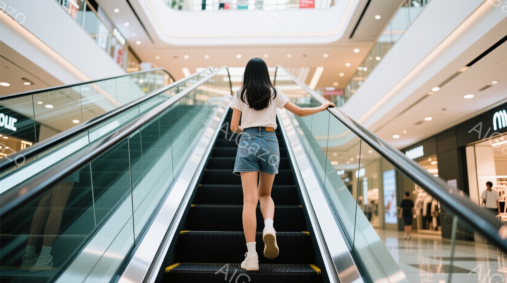 白いTシャツとデニムのミニスカートを身につけた女性が、ショッピングモールのエスカレーターを上っている後ろ姿が写っている。白い靴下とスニーカーを履いており、髪は後ろで一つに結われている。背景には他の買い物客や店舗が見え、明るく活気のあるショッピングモールの雰囲気が感じられる。