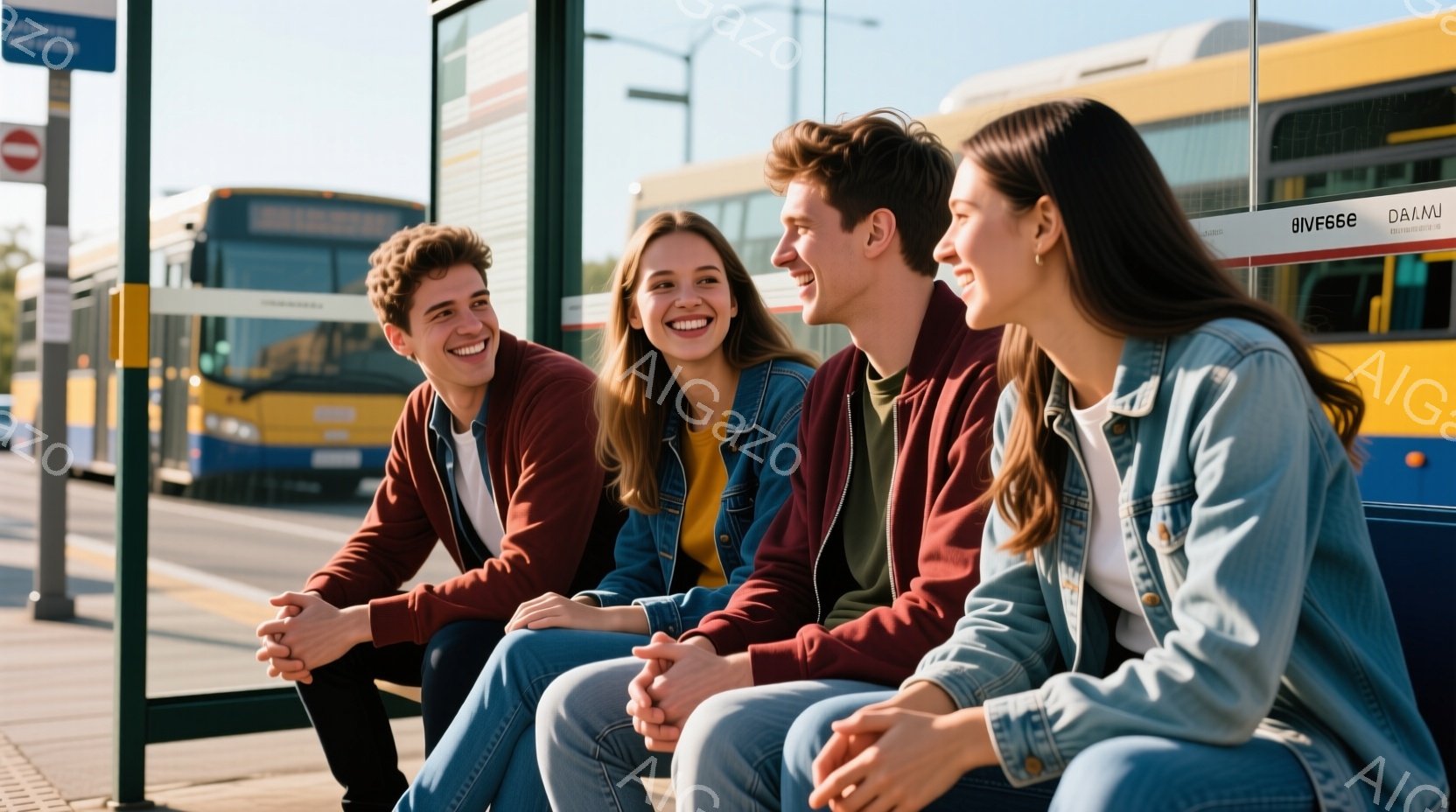 4人の若者がバス停のベンチに座り、楽しそうに話しています。彼らはそれぞれカジュアルな服装で、明るい表情を浮かべています。背景にはバスと街並みがぼやけて見え、晴れた日の穏やかな雰囲気が漂っています。 - AI生成フリー素材