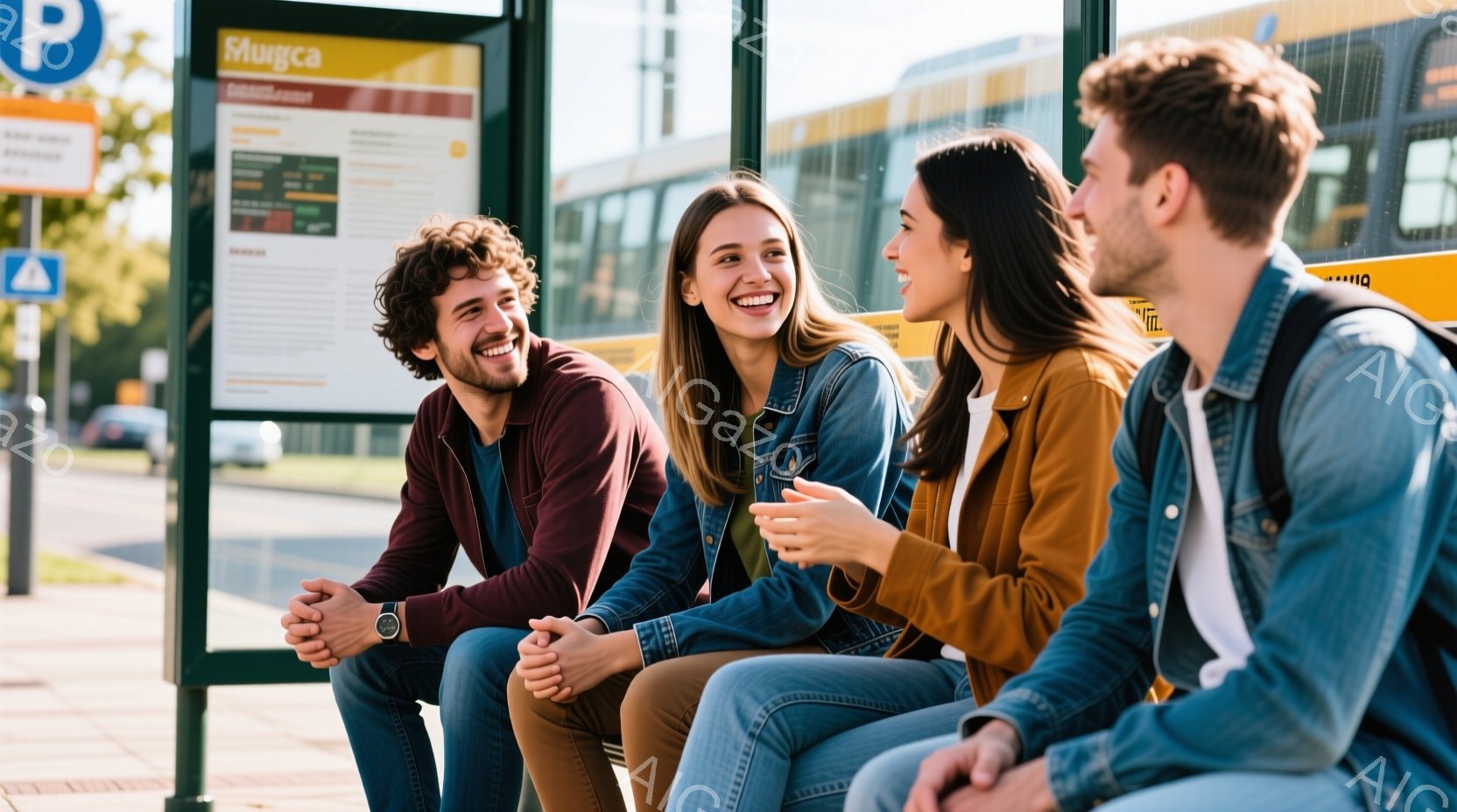 三人の若い女性がバス停のベンチに座って笑顔で話しています。女性たちはそれぞれ、デニムジャケットと赤いトップス、青いトップス、黄色いジャケットと青いジーンズを着用し、カジュアルな服装です。背景には建物や - AI生成フリー素材