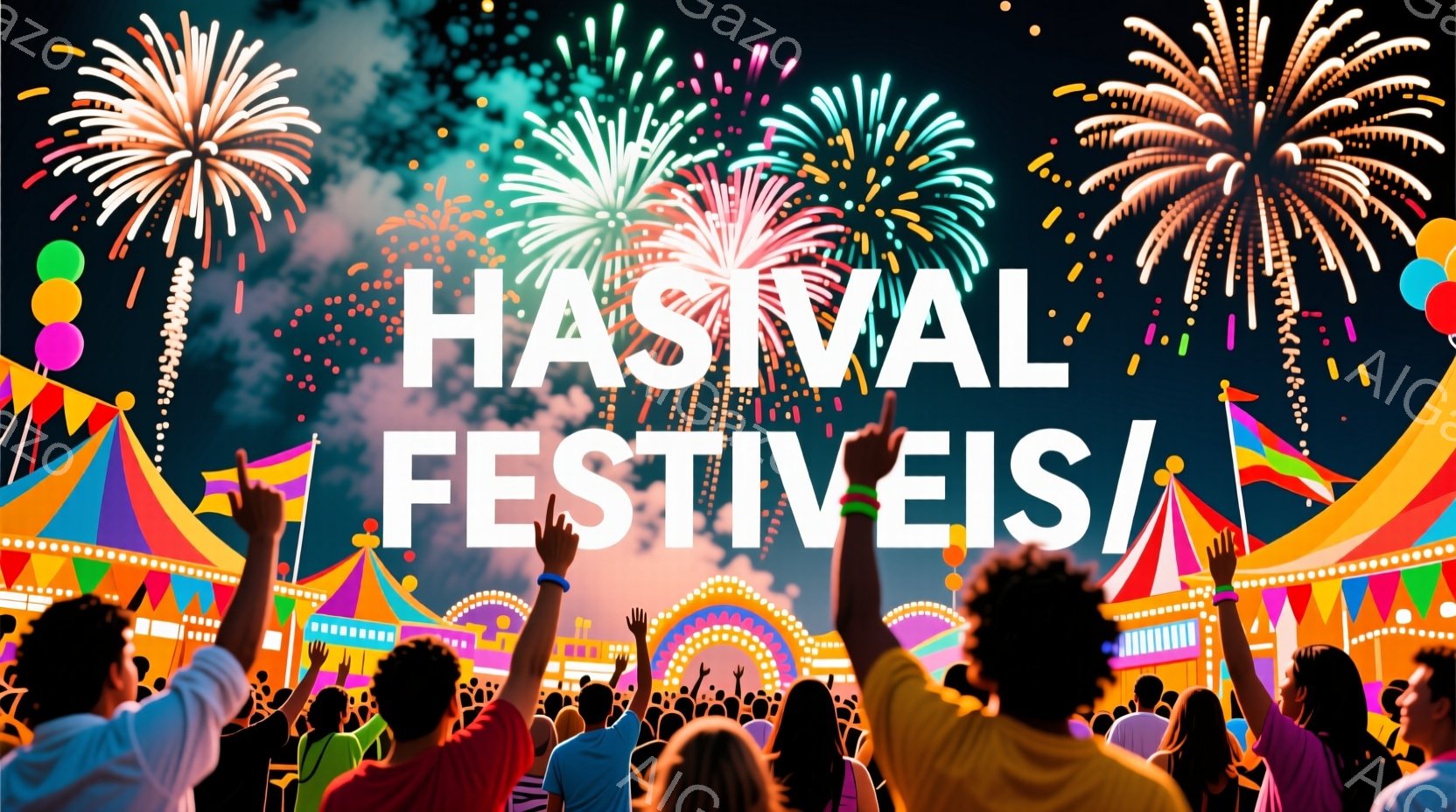 夜空には色鮮やかな花火が咲き乱れ、下には大勢の人々が歓声を上げながら両手を空に伸ばしています。人々の服装は様々で、カジュアルな服装が多く、興奮と楽しみに満ちた雰囲気が伝わってきます。背景には、カラフルな装飾が施された屋台や建物が見え、祭りの賑やかさを強調しています。