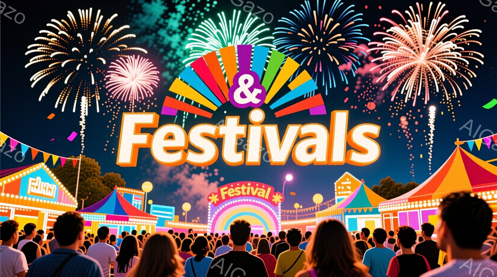 活気のあるお祭りの様子が描かれており、多くの人々が賑やかな会場に集まっている。観客は様々な色の服を着ており、後ろ姿から楽しんでいる様子が伺える。背景にはカラフルな屋台が並び、夜空には花火が打ち上げられ - AI生成フリー素材