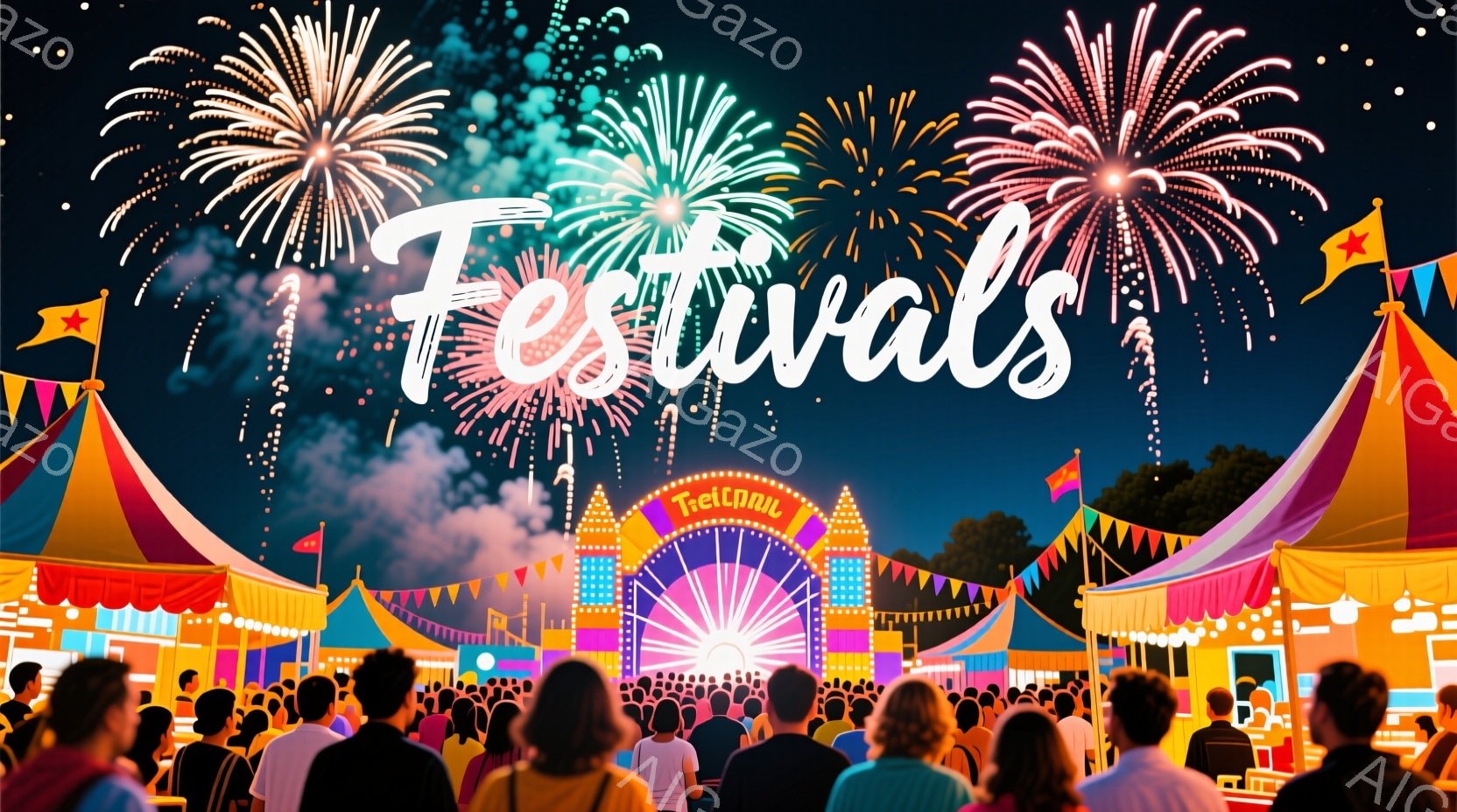 賑やかな祭りの会場で、人々はステージの方を向いて立っています。カラフルなテントや旗が並び、夜空には花火が打ち上げられています。観客はカジュアルな服装で、興奮と楽しみに満ちた雰囲気です。