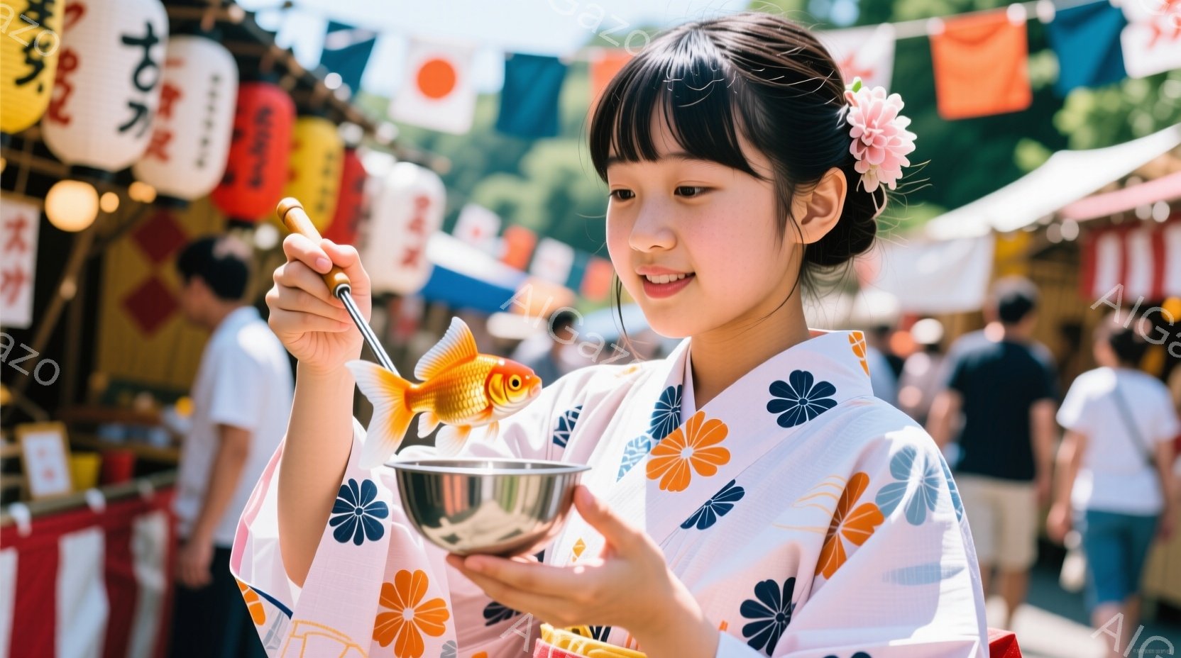 白地にオレンジと青い花柄の浴衣を着た若い女性が、金魚鉢に入った金魚を箸でつまんで楽しそうに眺めています。彼女は微笑んでおり、黒髪を後ろでまとめた髪型で、日本の夏の祭りのような賑やかな背景の中にいます。背景には提灯や人々の姿が見え、晴れた空の下で活気のある雰囲気が伝わってきます。