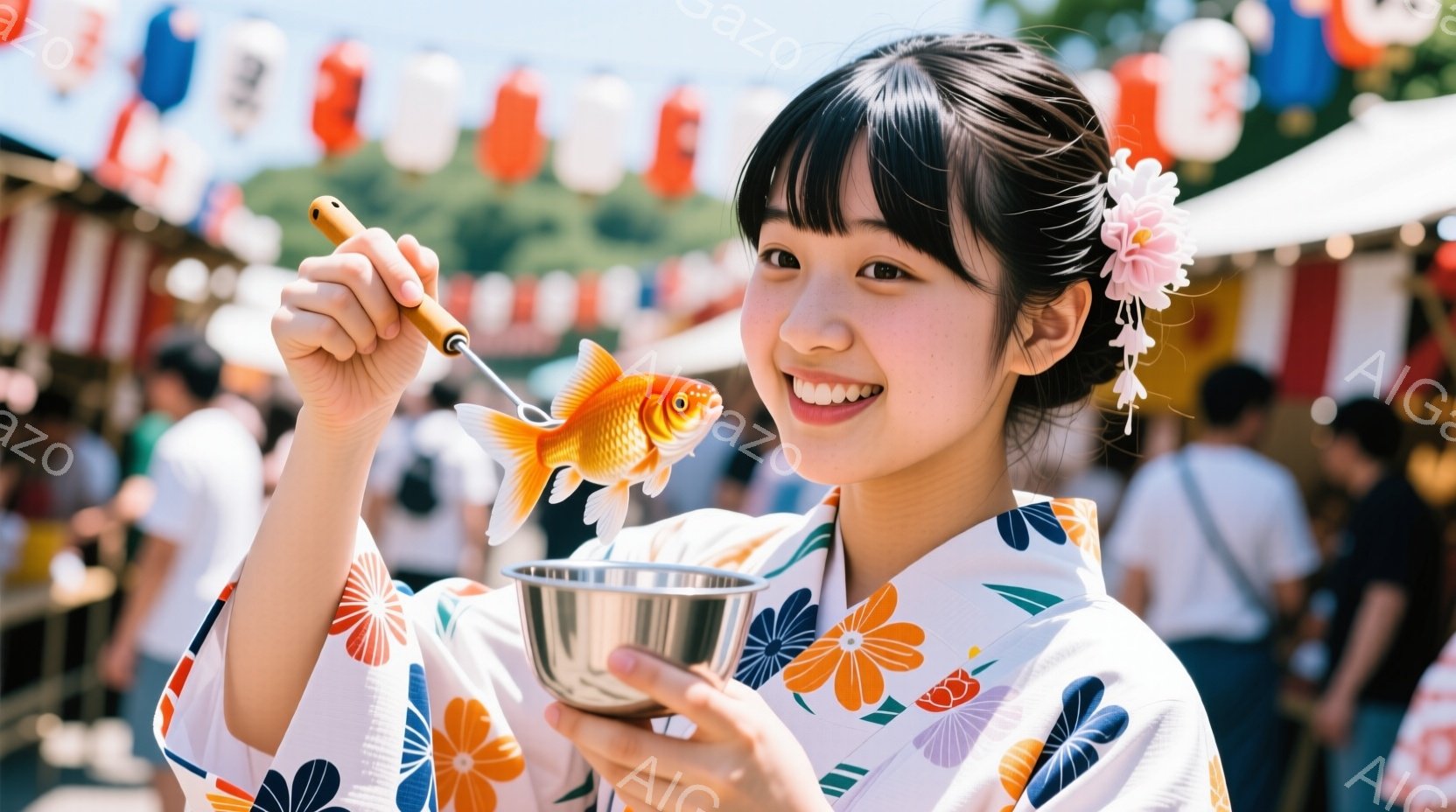 白地にオレンジや青い花模様の浴衣を着た女性が、金魚をすくい上げた様子が写っています。彼女は笑顔で、片手に金魚が入った金属製の容器を持ち、もう片手で金魚を支えています。背景には、提灯や人々が見え、お祭りの賑やかな雰囲気が伝わってきます。