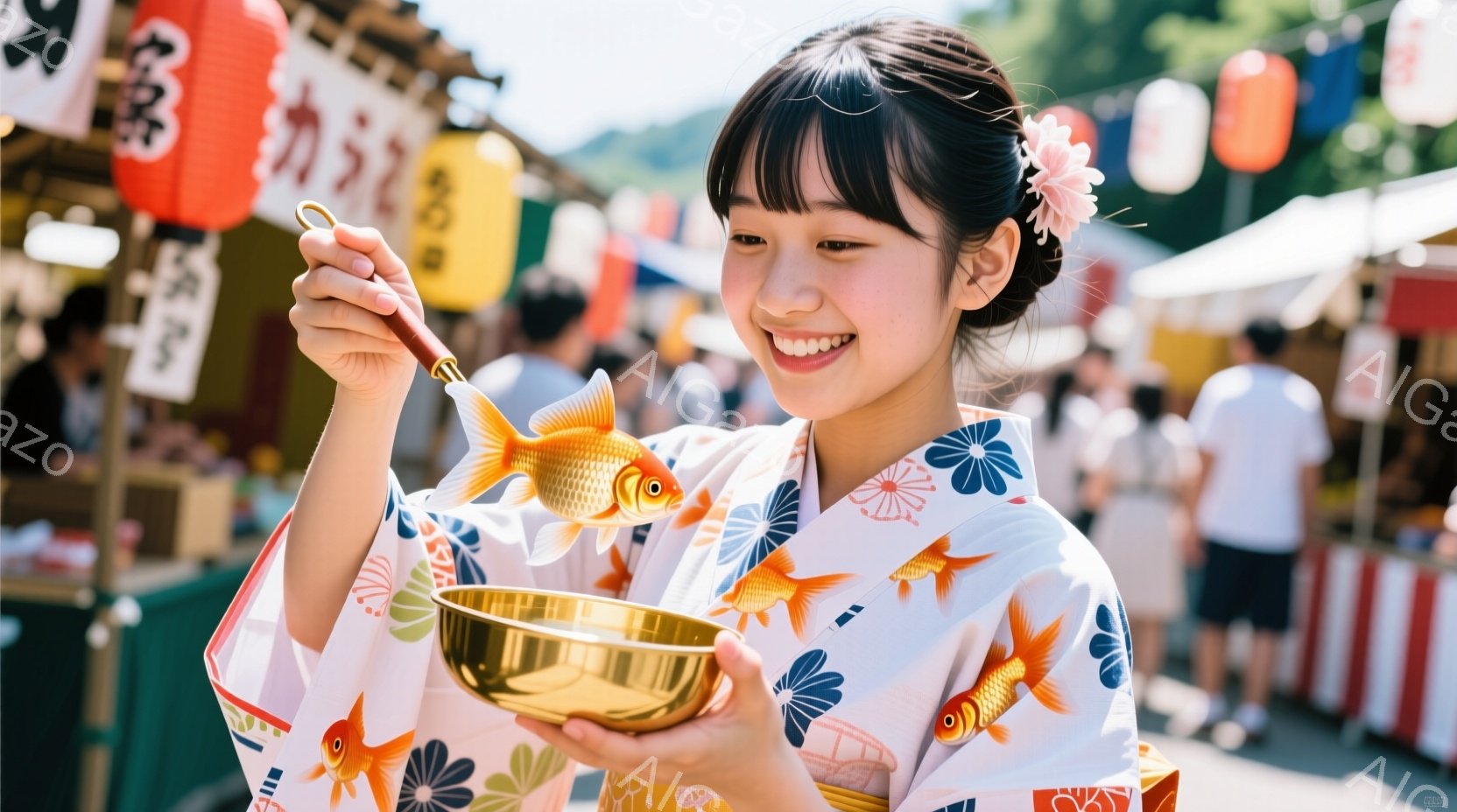 女性は鮮やかな金魚柄の浴衣を着て、笑顔で金魚を入れた金色の鉢を右手で支えています。彼女は前髪を少しカールさせており、両サイドの髪を後ろでまとめた、可愛らしいヘアスタイルです。背景には屋台が並び、活気のあるお祭りの雰囲気が漂っています。