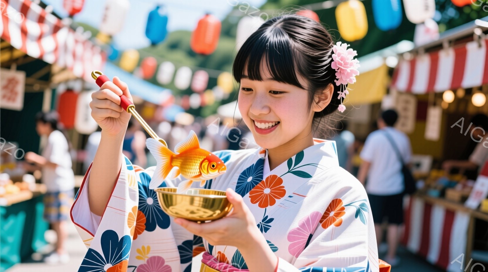 白地に色とりどりの花模様が描かれた浴衣を着た若い女性が、金魚を乗せた金色の器を手に微笑んでいます。彼女は髪を後ろでまとめ、髪飾りをつけており、表情は明るく、楽しそうに見えます。背景には提灯が並び、人々や屋台が見え、賑やかなお祭りの雰囲気です。
