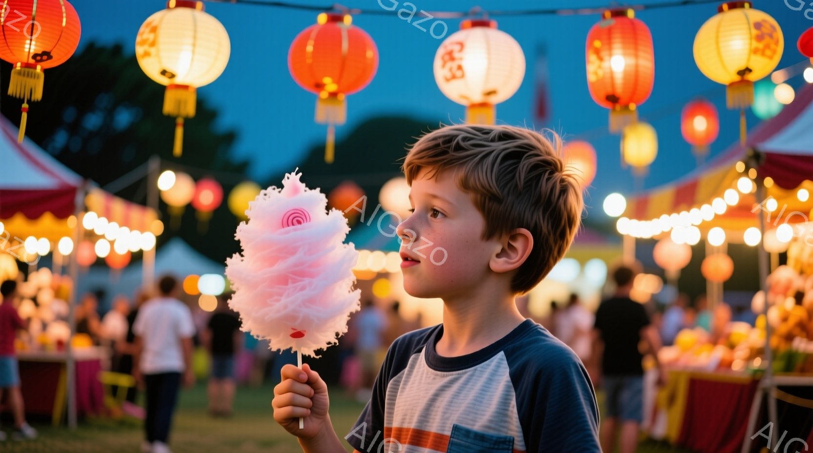 見るからに少年は、ピンク色の綿菓子を手に持っており、少し上目遣いにどこかを見つめています。彼は縞模様のTシャツとジーンズを着ており、ブロンドの髪は少し無造作に整えられています。背景には、提灯や屋台が並び、まるで夜祭りの賑やかな光景が広がっており、夏の夜の温かく楽しい雰囲気が伝わってきます。