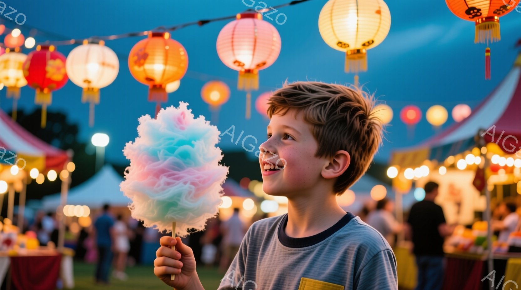 金髪の少年が綿あめを手に微笑んでいます。少年は灰色のTシャツと黄色の胸当てを着ており、少しカールした髪型をしています。背景には、提灯や屋台が並ぶ夜のイベント会場が広がっており、活気があり、楽しげな雰囲気が漂っています。