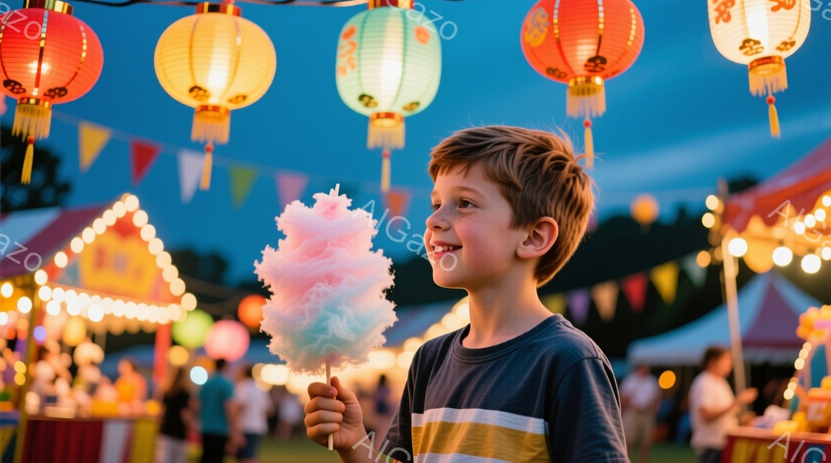 金髪の少年が綿あめを手に持ち、嬉しそうに微笑んでいます。彼は紺色と黄色の縞模様のTシャツを着ており、背景にはカラフルな提灯や屋台が並び、お祭りの賑やかな雰囲気が漂っています。夕暮れ時の空と緑豊かな自然 - AI生成フリー素材