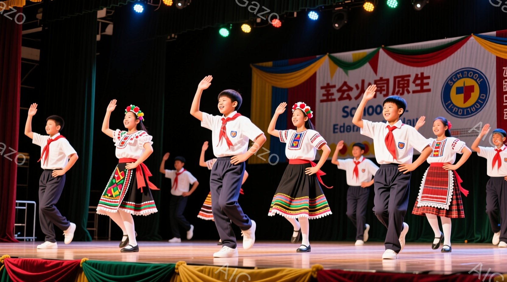 紺色のズボンまたはスカートを履いた子供たちが、伝統的な衣装の上着を着て、舞台上で踊っています。彼らは皆、笑顔で元気いっぱいの表情で、一糸乱れぬ隊列で踊りを楽しんでいます。背景には赤い緞帳と、何らかのイベントを告知するバナーが見え、華やかで活気のある雰囲気です。