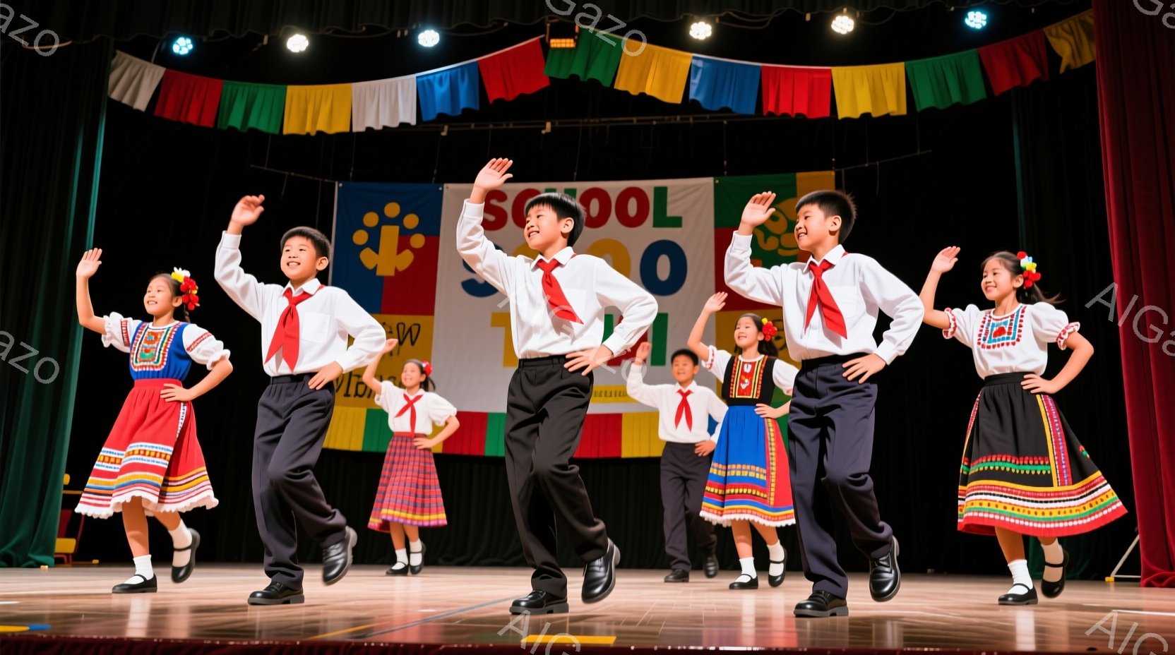 ステージ上で、民族衣装を着た子どもたちが踊っています。男の子は黒いズボンに白いシャツ、赤いネクタイ、女の子は赤いスカートと刺繍の入った白いブラウスを着ています。彼らは皆笑顔で、活気に満ちた踊りを踊って - AI生成フリー素材