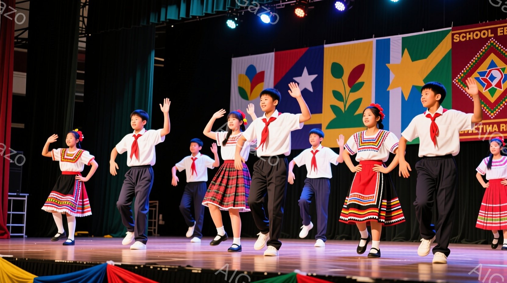 複数の子供たちが舞台上で踊っている様子が写っている。子供たちは赤、白、緑のストライプが特徴的な伝統的な衣装を身につけ、赤いネクタイを締めている。背景にはカラフルな旗や装飾があり、明るく活気のある雰囲気 - AI生成フリー素材