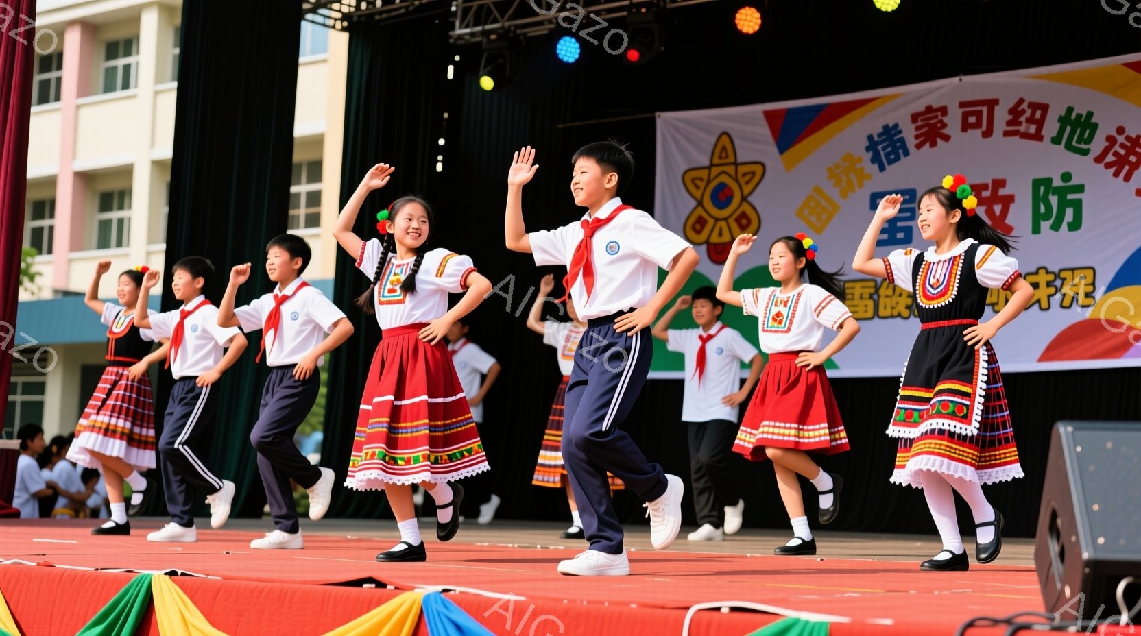 ステージ上には、赤い衣装を着た子供たちが踊っています。彼らは白いシャツに赤いスカート（女の子）または赤いズボン（男の子）を着用し、伝統的な衣装の一部である赤い装飾が施されたベストを着用しています。子供たちは皆笑顔で、楽しそうに踊り、活気に満ちたパフォーマンスを行っています。