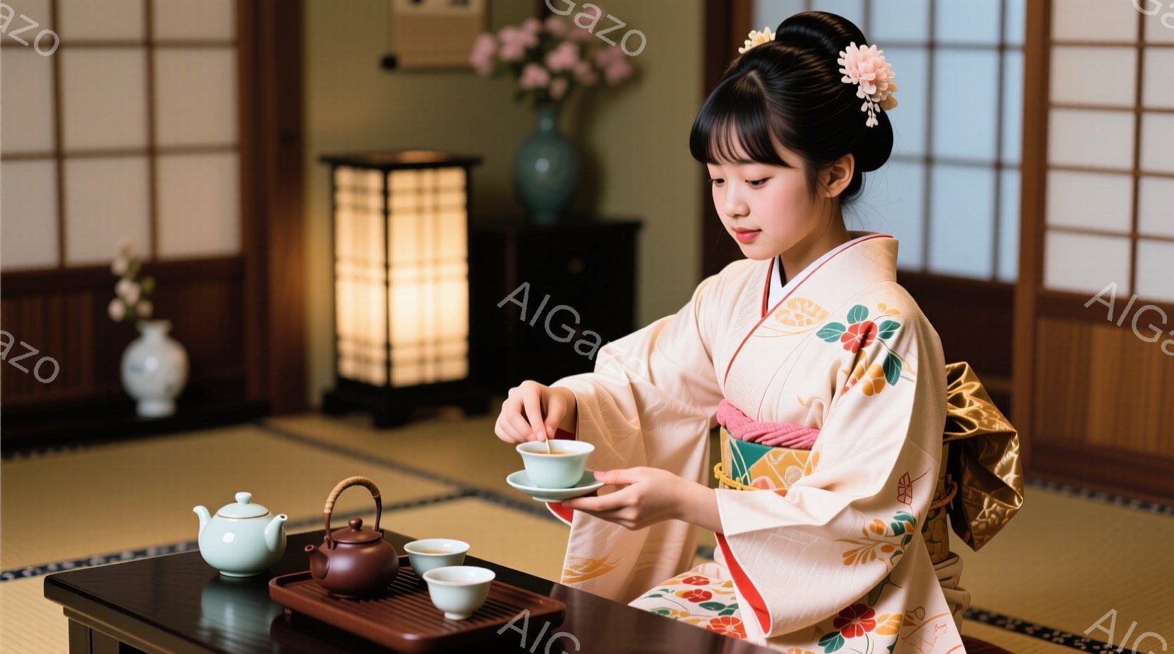 少女は明るいクリーム色の着物を着ており、赤と緑の花柄がアクセントになっています。彼女は畳の上に座り、茶碗に緑茶を注いでおり、穏やかで集中した表情をしています。背景には伝統的な和室の障子や花瓶が見え、静 - AI生成フリー素材