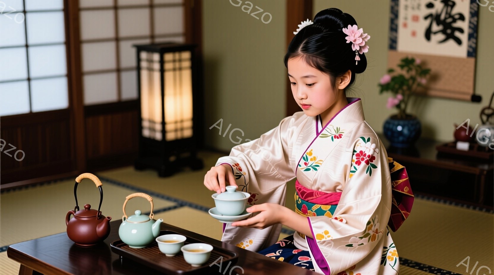 幼い少女が、クリーム色の訪問着とピンク色の帯を身につけ、髪を髷にして、かんざしをつけている。彼女は畳の上に置かれた低いテーブルで、お茶を淹れて、湯呑みにお茶を注いでいる。背景には、黒い提灯や掛け軸、花瓶などが飾られ、落ち着いた和の雰囲気を感じさせる。