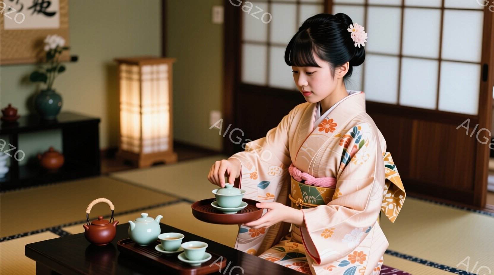 少女は明るいオレンジ色の花柄の着物を着て、畳の上に座っています。彼女は茶碗を丁寧に持ち上げ、お茶を注ぐ準備をしているようで、表情は穏やかで集中しています。背景には木製の棚と掛け軸が見え、部屋全体が落ち - AI生成フリー素材