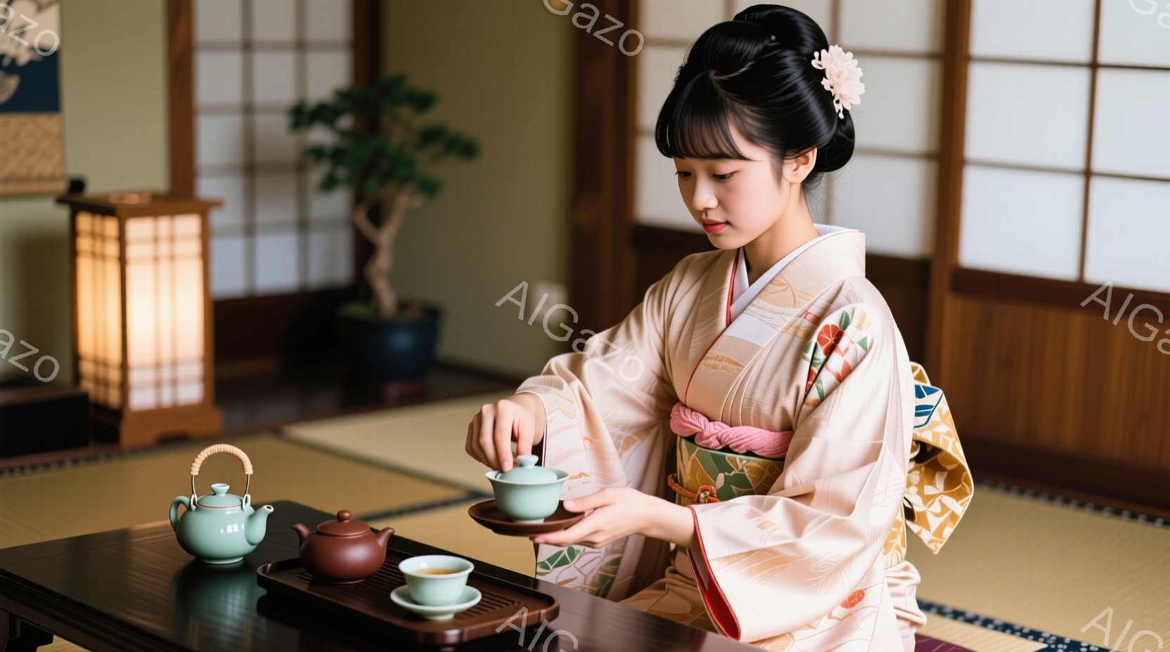 畳の部屋で、明るいクリーム色の着物を着た若い女性が茶道を行っている。彼女は髪をきっちりとまとめ、一輪挿しと盆の上に置かれた茶器の前に座り、丁寧に茶碗に緑茶を注いでいる。穏やかで集中した表情で、静寂と優雅さの雰囲気が漂っている。