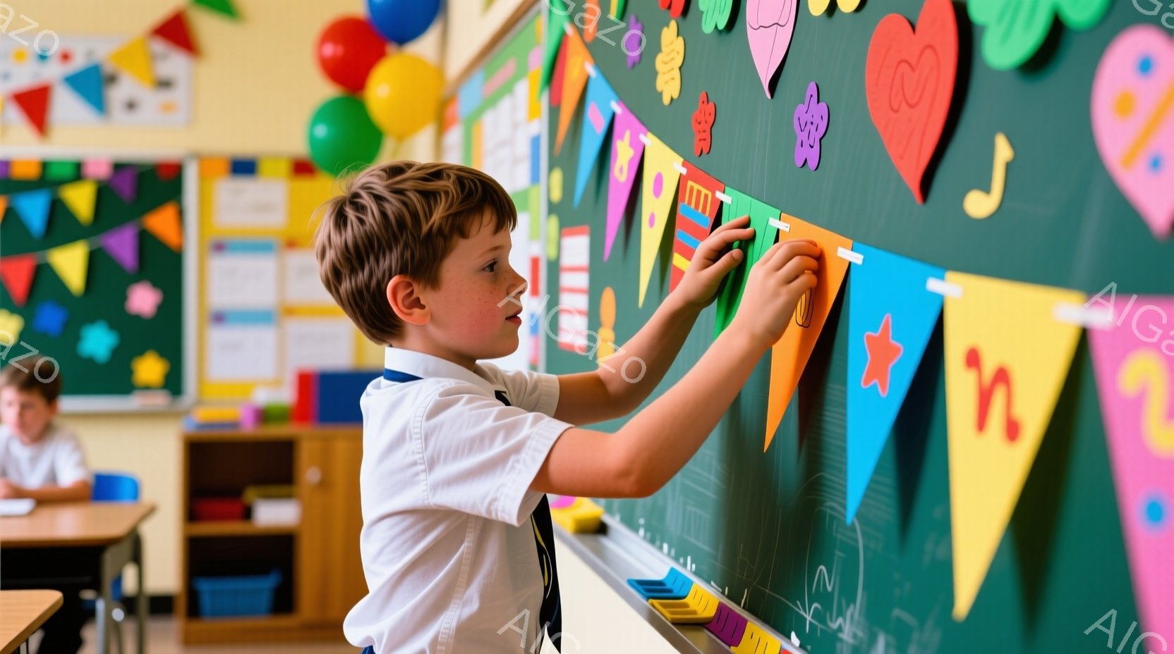男の子がカラフルな旗のガーランドを緑色の壁に飾り付けている。彼は白いシャツと濃い色のネクタイを着ており、短い茶色の髪をしている。背景には他の生徒と机があり、明るく活気のある教室の雰囲気を感じさせる。