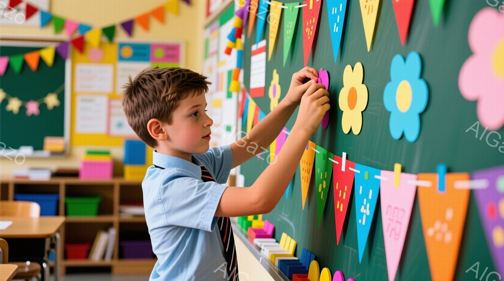 少年は青いシャツとネクタイ姿で、カラフルな旗飾りに手を伸ばしています。彼は集中した表情で、旗を飾ったり調整したりしているようです。背景には机や絵本棚があり、明るく活気のある教室の雰囲気を感じさせます。