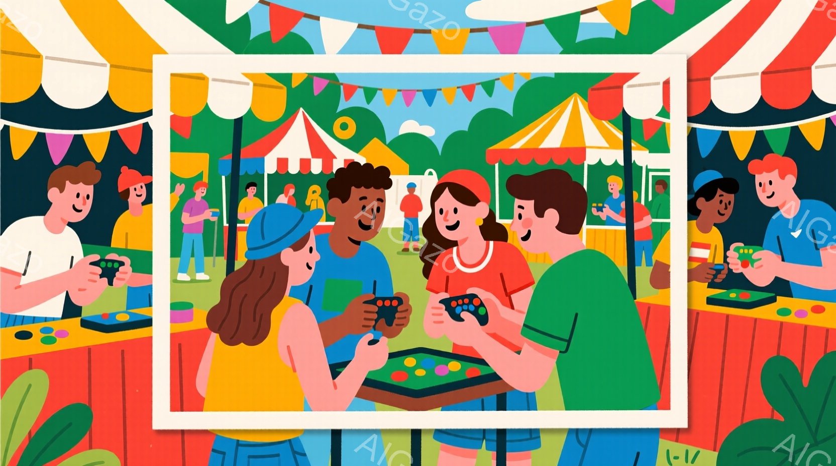 イラストは、屋外のイベントやフェスティバルを思わせる賑やかな光景を描いています。人々はテーブルを囲んでゲームを楽しんでおり、それぞれがカラフルなTシャツやカジュアルな服装をしています。背景には、緑豊かな植物やカラフルな旗が飾られたテントが見え、明るく陽気な雰囲気を醸し出しています。