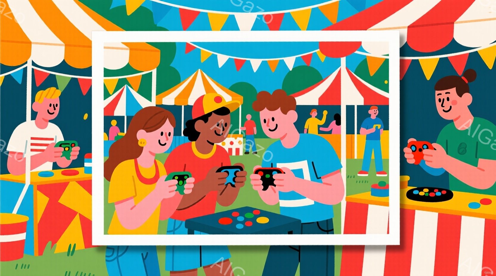 イラストは、カラフルなストライプの背景の前で、ゲームを楽しむ人々を描いています。登場人物は皆、シンプルな服装で、赤い髪の女性、帽子をかぶった黒髪の男性、青いシャツの男性、ベージュのシャツの男性と、それ - AI生成フリー素材