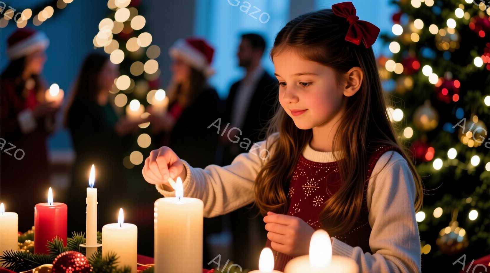 小さな女の子がアドベントのキャンドルに火を灯している場面だ。彼女は白いセーターに赤い模様が入ったベストを着用し、髪は肩まで伸びており、赤いリボンで結ばれている。背景にはぼやけたクリスマスツリーと、他の人々がアドベントキャンドルを持っているのが見え、暖かく、お祝いの雰囲気を醸し出している。