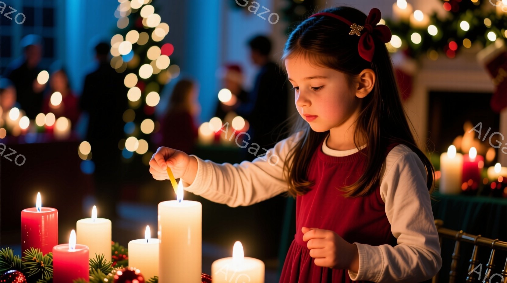 赤いドレスと白い長袖シャツを着た幼い女の子が、ろうそくに火をつける途中で、真剣な表情でその動作に集中しています。背景には、ぼやけたクリスマスツリーや、他のろうそくの明かりが散りばめられており、暖かくお祝いムードに包まれています。木製のテーブルの上に置かれたろうそくたちは、クリスマスの静かで神聖な雰囲気を醸し出しています。