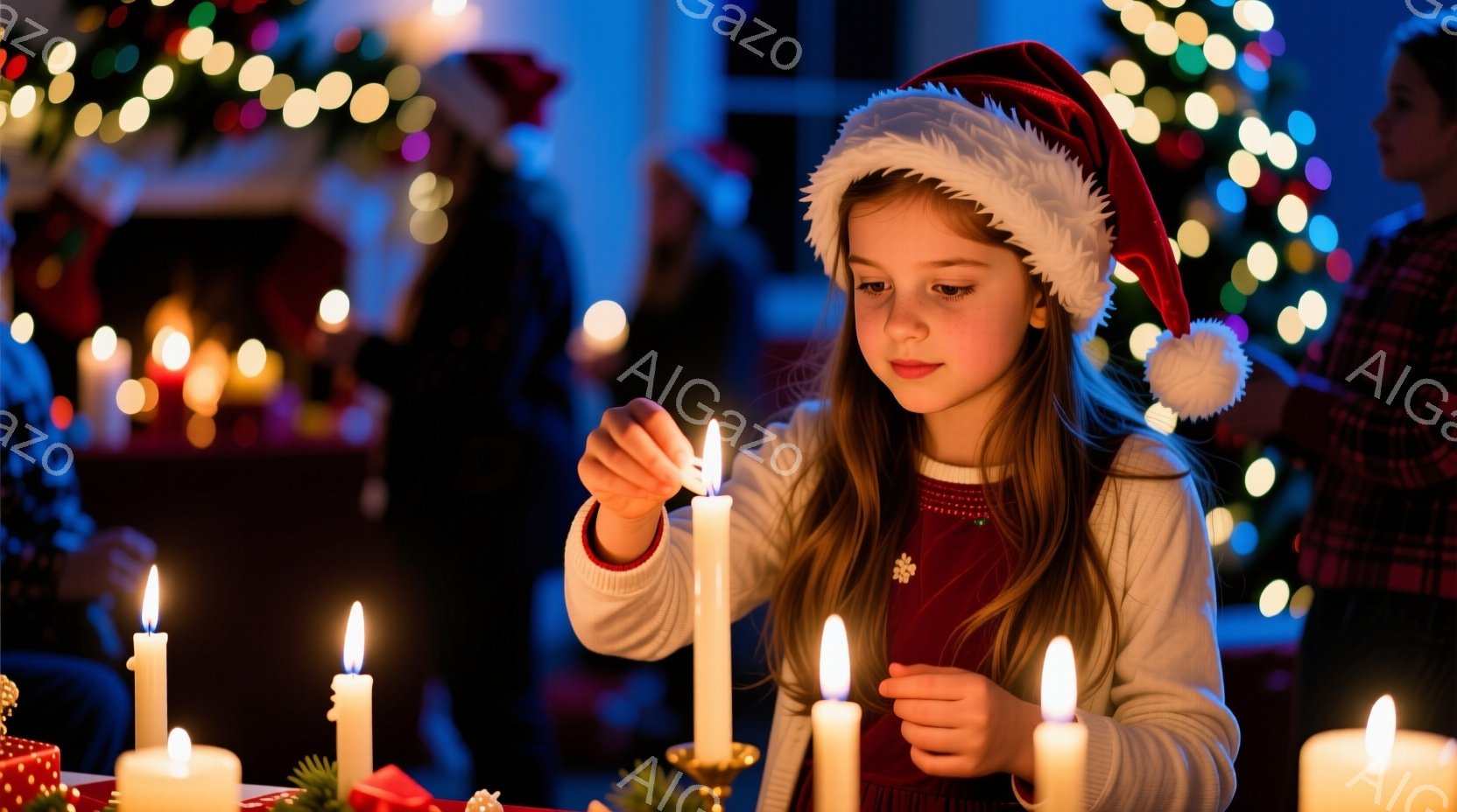 クリスマスツリーの光がぼんやりと照らす中、サンタ帽をかぶった少女がロウソクに火を灯している。白いセーターに赤いドレスを着ており、真剣な表情でロウソクを見つめている。背景には他の人々がぼんやりと見え、温かく穏やかなクリスマスの雰囲気が漂っている。