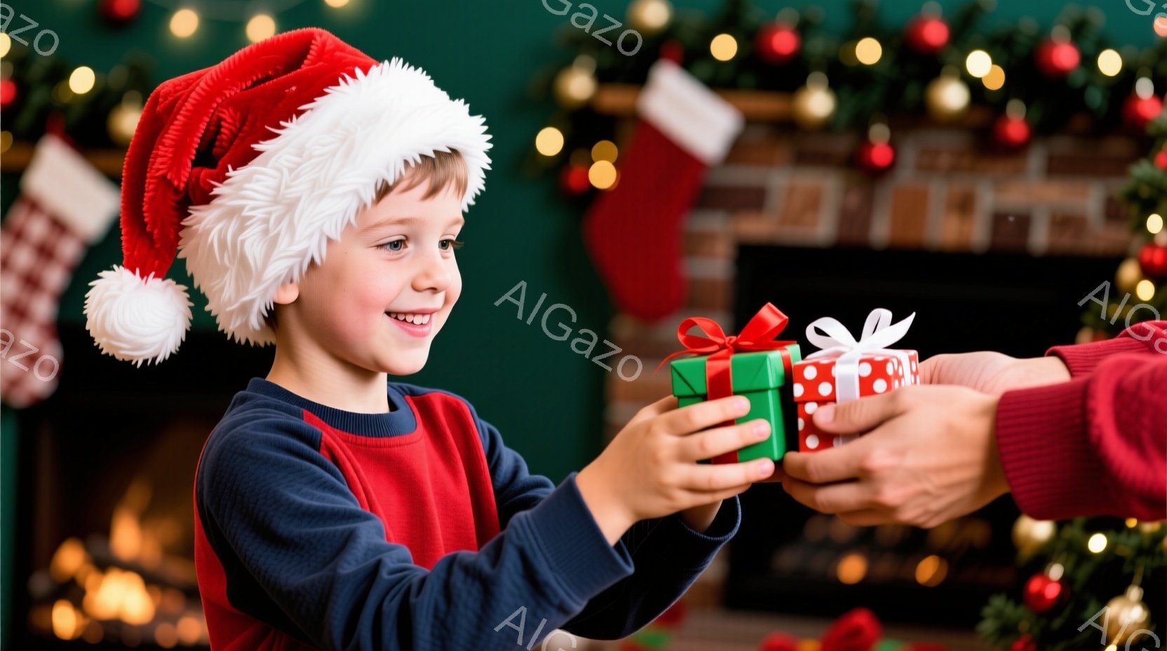 小さな少年がサンタの帽子をかぶり、赤いセーターを着ています。彼は両手を前に伸ばし、緑と赤の包装紙で包まれた小さなプレゼントを受け取ろうとしています。背景にはクリスマスツリーや暖炉が見え、全体的に温かく、お祝いの雰囲気が漂っています。