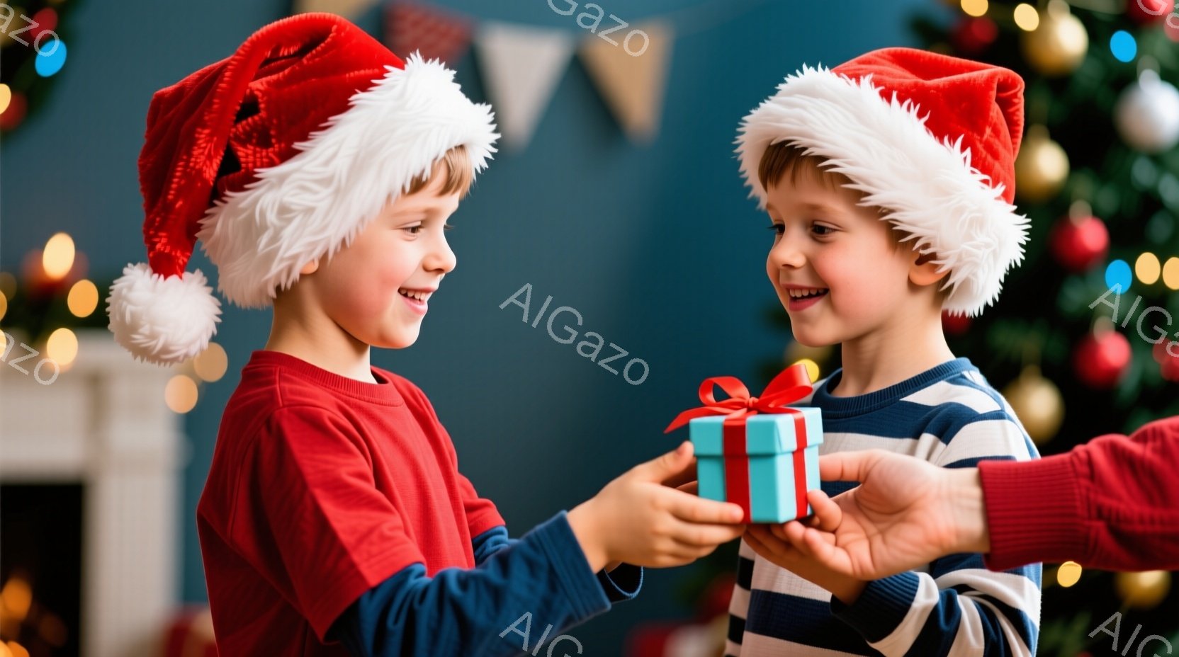 二人の少年がクリスマスの帽子をかぶり、プレゼントを交換しています。片方の少年は赤いシャツを着ており、もう片方の少年は縞模様のセーターを着ています。背景にはクリスマスツリーや装飾が映り、暖かく幸せな雰囲 - AI生成フリー素材