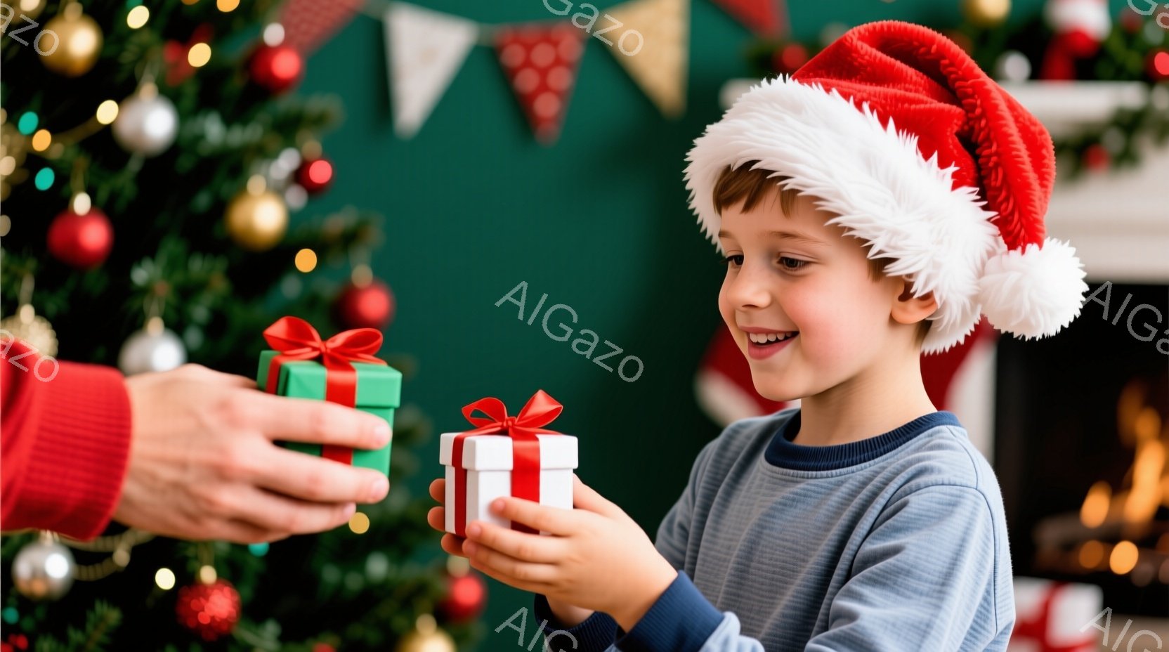 赤いサンタ帽をかぶった少年が、誰かから小さなプレゼントを受け取ろうとしている場面です。少年は灰色のセーターを着ており、明るい笑顔を見せています。背景には、装飾されたクリスマスツリーと暖炉があり、暖かくお祝いの雰囲気です。